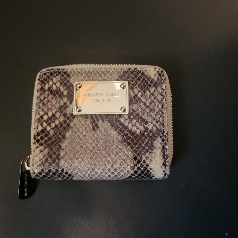 Michael Kors Beige and Brown Textured Wallet Snake Print Coin Purse